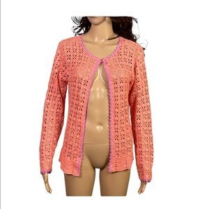 Anthropologie CURIO Y2K  Boho Salmon Pink Crochet Open Cardigan Sweater M